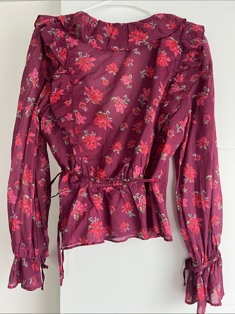 Free People - Floral Ruffle Wrap Top - Burgundy Pink - Picture 3 of 3